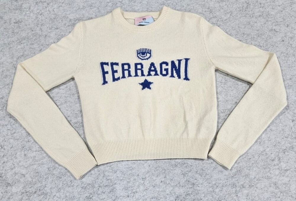 Chiara Ferragni Cashmere Wool Blend Cropped Knit Logo Sweater Wink Eye, Size S